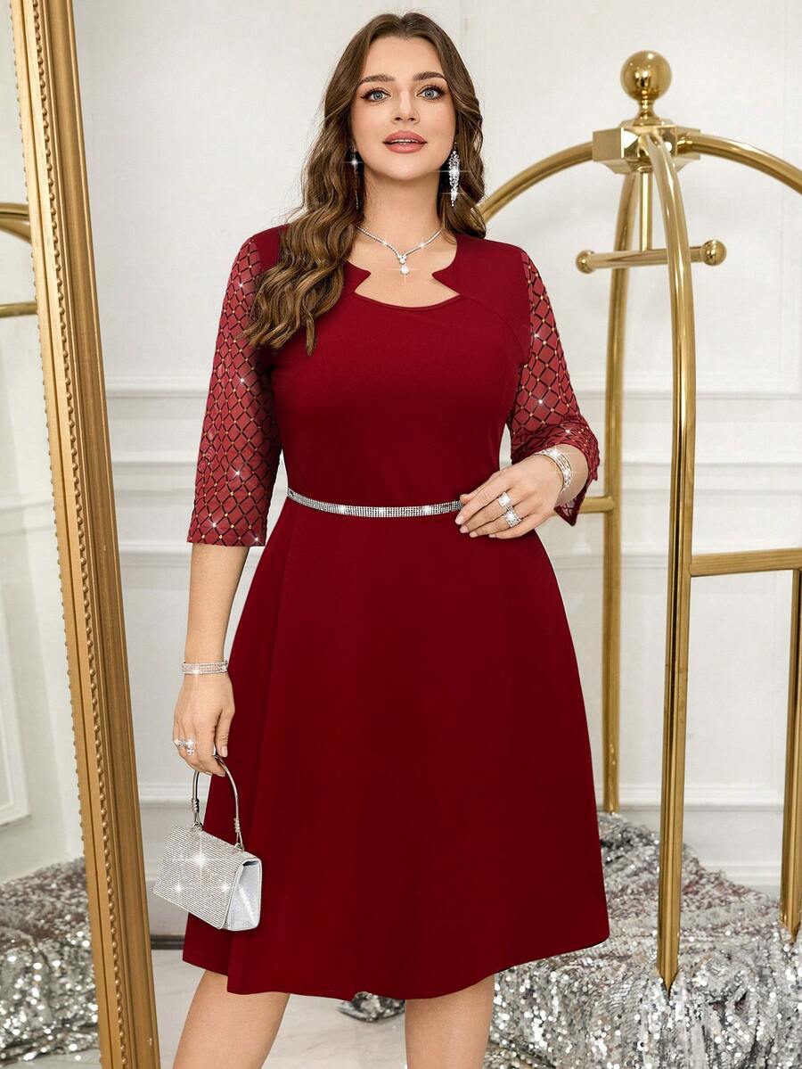 Reflora Plus Size Solid Color Short Sleeve Dress, Fashionable For Summer Fall - Burgundy - View 1