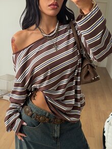 Coolane 女款大尺碼秋冬優雅街頭風外出穿著 Y2K 休閒寬鬆不對稱領長袖棕色條紋 T 恤 - 棕色 - 查看 4