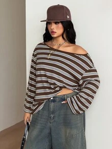 Coolane 女款大尺碼秋冬優雅街頭風外出穿著 Y2K 休閒寬鬆不對稱領長袖棕色條紋 T 恤 - 棕色 - 查看 7