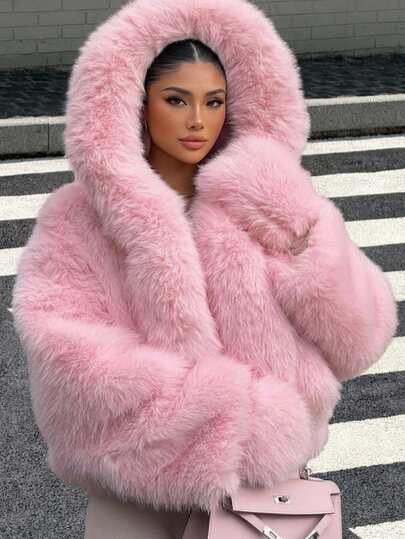 Muchica Pink Hooded Open Front Zipper Faux Fur Jacket For Women, Suitable For Halloween, Streetwear, Party, Autumn/Winter/Spring/Summer, Christmas, New Year, Thanksgiving, Party, Graduation Ceremony, Elegant, Outing, Dating, Commuting, Valentine's Day, Elegant, Y2K, Graduation Ceremony And Other Occasions