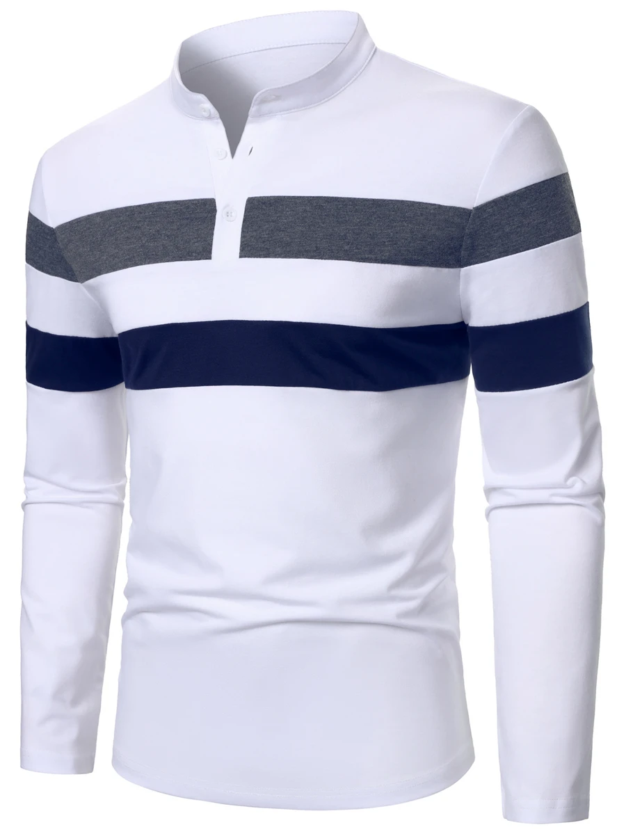 Calvornis Fashion Contrast Color Striped Long Sleeve Men's Polo Shirt - Multicolor - View 1