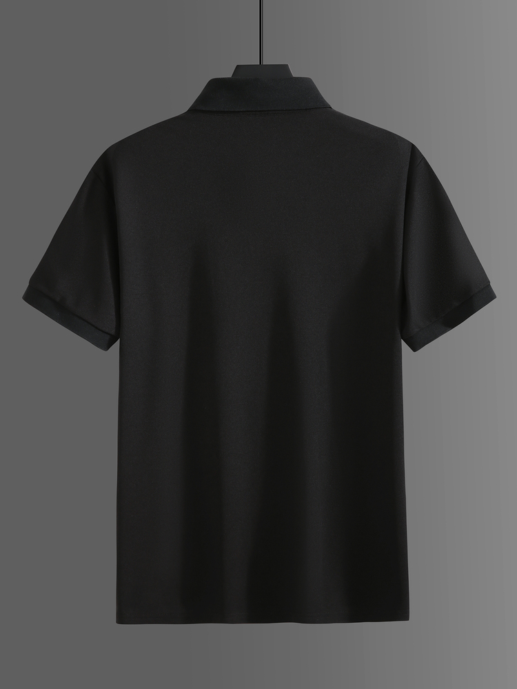 Calvornis Men's Embroidered Ribbed Collar Solid Color Textured Fabric Business Casual Short Sleeve Polo Shirt, Daily Gift For Husband, Boyfriend, Halloween, Christmas, New Year - Black - View 2