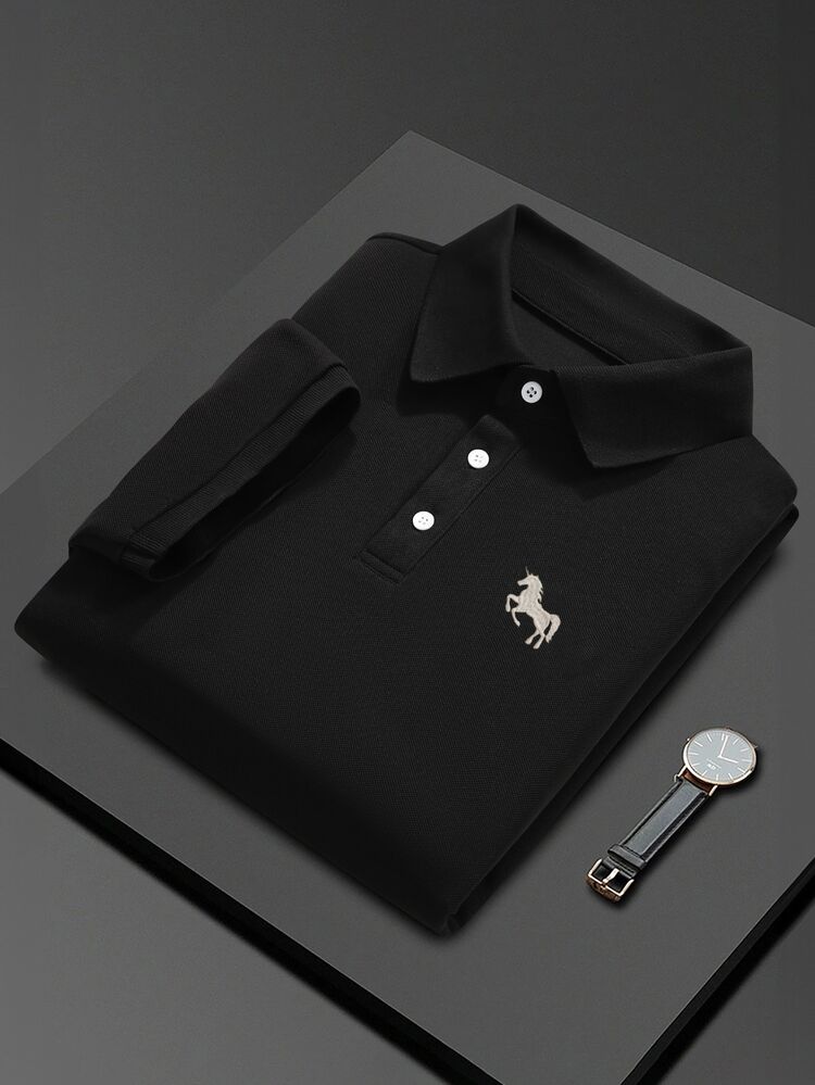 Calvornis Men's Embroidered Ribbed Collar Solid Color Textured Fabric Business Casual Short Sleeve Polo Shirt, Daily Gift For Husband, Boyfriend, Halloween, Christmas, New Year - Black - View 3