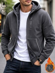 Manfinity Homme Autumn/Winter New Men's Fleece Hooded Jacket, Thickened Plush Lining, Multi-Pocket Zipper Loose Fit Grey - Grey - View 3