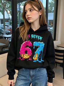 SHEIN Tween Girls 1 Pc Autumn/Winter Casual Streetwear Graphic Black And Red 67 Candy Bead Letter Pattern Printed Sweatshirt Daily School Dressing Outfit - Black - View 1