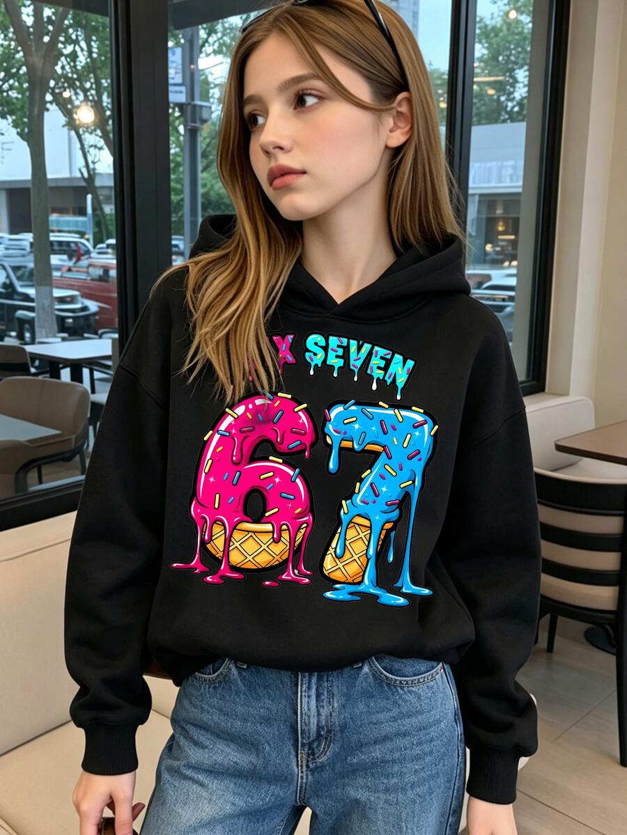 SHEIN Tween Girls 1 Pc Autumn/Winter Casual Streetwear Graphic Black And Red 67 Candy Bead Letter Pattern Printed Sweatshirt Daily School Dressing Outfit - Black - View 1
