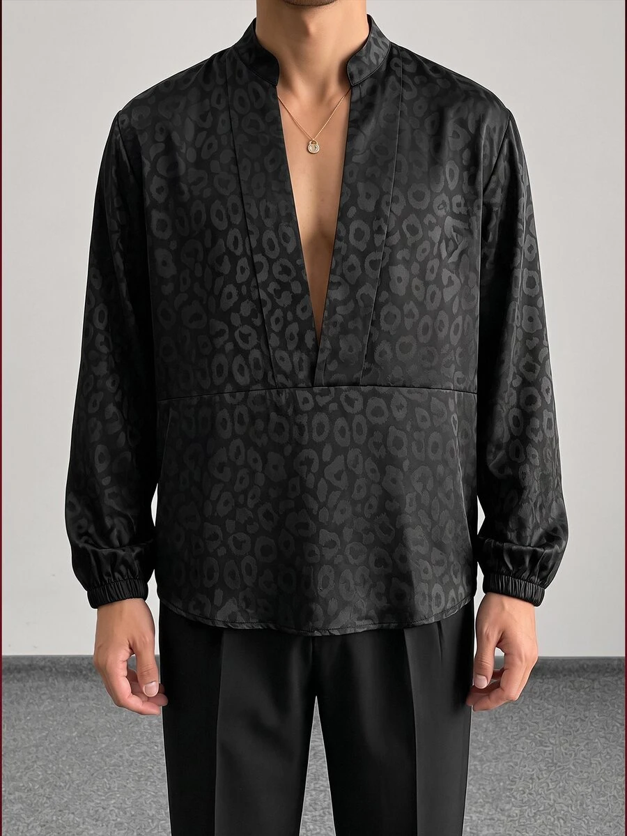 Mainfolk Men's Woven Fashion Casual Loose Short Sleeve Shirt - Black - View 1