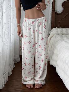 CottageSlumber Women's Flannel Pajama Pants With Waistband Bow Decor And Ditsy Floral - Beige - View 1