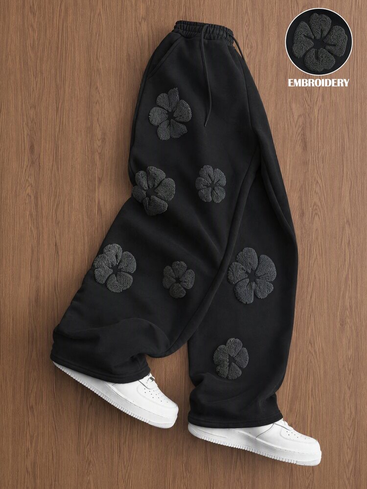 TOKVUE Men's American Vintage Floral Towel Embroidery Wide Leg Sweatpants, Drawstring Elastic Waist Loose Draped Silhouette Long Pants, Minimalist Relaxed Style Daily Commute Casual Pants, Street Fashion Unisex Style Couple Outfit, Holiday Gift Choice Men's Autumn Straight Leg Sports Long Pants - Black - View 1