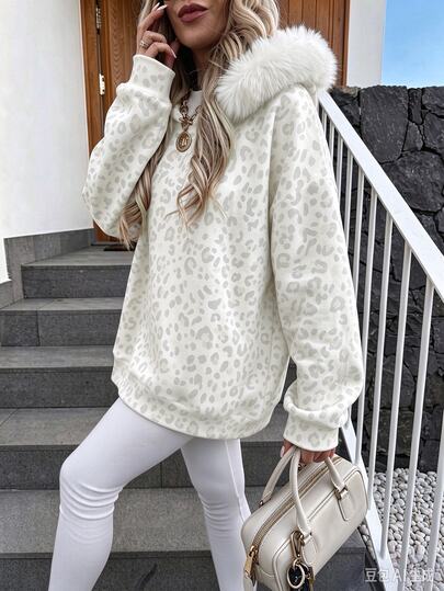 IslaSuriya White Base LightGrey Leopard Print Hoodie With White FauxFur Trim, Casual LongSleeve Loose Sweatshirt