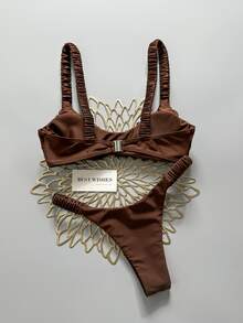 SHEIN Swim Women's Spring/Summer Solid Color Thick Strap Ruched High Cut Sexy Bikini Set - Brown - View 3