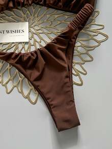 SHEIN Swim Women's Spring/Summer Solid Color Thick Strap Ruched High Cut Sexy Bikini Set - Brown - View 5