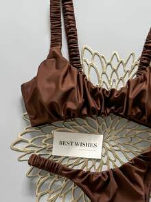 SHEIN Swim Women's Spring/Summer Solid Color Thick Strap Ruched High Cut Sexy Bikini Set - Brown - View 4