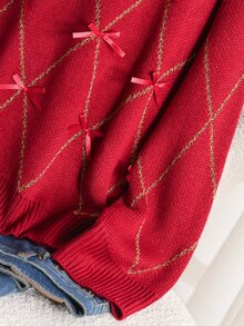 CosyJoli Plus Size Women's Bow Decor Raglan Long Sleeve Loose Pullover Sweater Formal Family Matching Evening Date Night Wedding Guest Red Autumn Romantic Sexy - Red - View 7