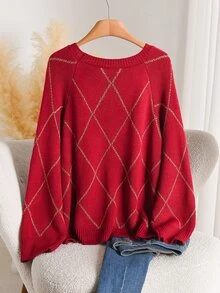 CosyJoli Plus Size Women's Bow Decor Raglan Long Sleeve Loose Pullover Sweater Formal Family Matching Evening Date Night Wedding Guest Red Autumn Romantic Sexy - Red - View 5