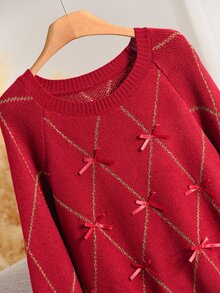CosyJoli Plus Size Women's Bow Decor Raglan Long Sleeve Loose Pullover Sweater Formal Family Matching Evening Date Night Wedding Guest Red Autumn Romantic Sexy - Red - View 8