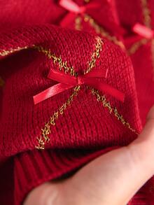 CosyJoli Plus Size Women's Bow Decor Raglan Long Sleeve Loose Pullover Sweater Formal Family Matching Evening Date Night Wedding Guest Red Autumn Romantic Sexy - Red - View 9