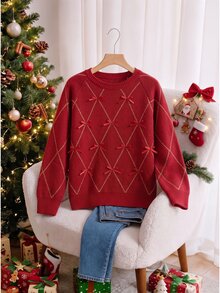 CosyJoli Plus Size Women's Bow Decor Raglan Long Sleeve Loose Pullover Sweater Formal Family Matching Evening Date Night Wedding Guest Red Autumn Romantic Sexy - Red - View 3