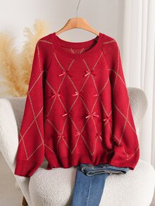 CosyJoli Plus Size Women's Bow Decor Raglan Long Sleeve Loose Pullover Sweater Formal Family Matching Evening Date Night Wedding Guest Red Autumn Romantic Sexy - Red - View 4