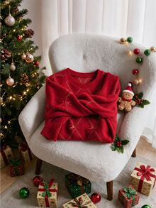 CosyJoli Plus Size Women's Bow Decor Raglan Long Sleeve Loose Pullover Sweater Formal Family Matching Evening Date Night Wedding Guest Red Autumn Romantic Sexy - Red - View 2