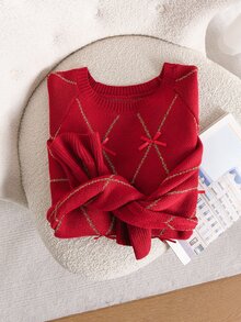CosyJoli Plus Size Women's Bow Decor Raglan Long Sleeve Loose Pullover Sweater Formal Family Matching Evening Date Night Wedding Guest Red Autumn Romantic Sexy - Red - View 6