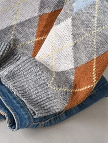 CosyJoli Plus Size Women Argyle Pattern Crew Neck Long Sleeve Casual Loose Knit Sweater, Autumn/Winter Fall/Winter - Multicolor - View 4