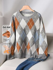 CosyJoli Plus Size Women Argyle Pattern Crew Neck Long Sleeve Casual Loose Knit Sweater, Autumn/Winter Fall/Winter - Multicolor - View 5