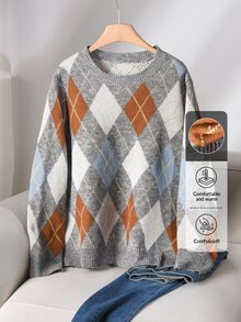 CosyJoli Plus Size Women Argyle Pattern Crew Neck Long Sleeve Casual Loose Knit Sweater, Autumn/Winter Fall/Winter - Multicolor - View 10