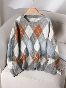 CosyJoli Plus Size Women Argyle Pattern Crew Neck Long Sleeve Casual Loose Knit Sweater, Autumn/Winter Fall/Winter - Multicolor - View 7