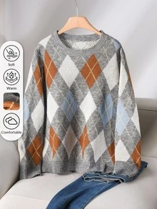 CosyJoli Plus Size Women Argyle Pattern Crew Neck Long Sleeve Casual Loose Knit Sweater, Autumn/Winter Fall/Winter - Multicolor - View 2