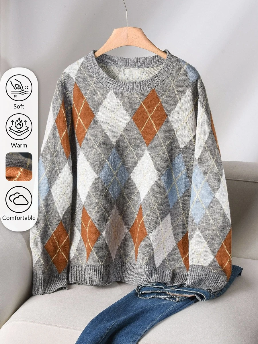 CosyJoli Plus Size Women Argyle Pattern Crew Neck Long Sleeve Casual Loose Knit Sweater, Autumn/Winter Fall/Winter