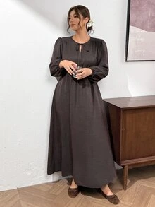 SHEIN Frenchy Plus Size Minimalist Casual Elegant Versatile Tie-Front Long Sleeve Dress For Office Brunch Formal Birthday And Commute Dark Purple Autumn - Brown - View 7