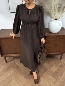 SHEIN Frenchy Plus Size Minimalist Casual Elegant Versatile Tie-Front Long Sleeve Dress For Office Brunch Formal Birthday And Commute Dark Purple Autumn - Brown - View 9