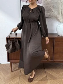 SHEIN Frenchy Plus Size Minimalist Casual Elegant Versatile Tie-Front Long Sleeve Dress For Office Brunch Formal Birthday And Commute Dark Purple Autumn - Brown - View 3