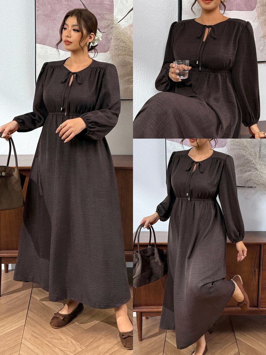 SHEIN Frenchy Plus Size Minimalist Casual Elegant Versatile Tie-Front Long Sleeve Dress For Office Brunch Formal Birthday And Commute Dark Purple Autumn