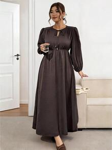 SHEIN Frenchy Plus Size Minimalist Casual Elegant Versatile Tie-Front Long Sleeve Dress For Office Brunch Formal Birthday And Commute Dark Purple Autumn - Brown - View 8