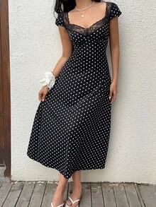 Sunnyshic 黑白波尔卡圆点印花拼布蕾丝边甜心领泡泡袖短袖 A 字中长连衣裙，简约度假旅行优雅甜美休闲女士春夏 - 黑與白 - 查看 7