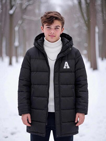 SHEIN Kids Tween Boy Casual Hooded Open Front Long Sleeve Woven Jacket Winter Coat Parka Coat Suitable For Commuting School Daily Casual Vacation Travel Suitable For Sports Suitable For Autumn/Winter Season Black Fall