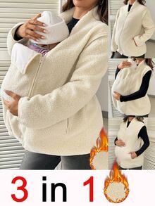 SHEIN Maternity Autumn/Winter Stand Collar Zipper Placket Long Sleeve With Pockets Warm 3-In-1 Jacket Fall/Winter Casual Going Out Gold Cream - Khaki - View 1