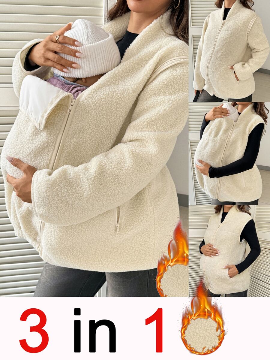 SHEIN Maternity Autumn/Winter Stand Collar Zipper Placket Long Sleeve With Pockets Warm 3-In-1 Jacket Fall/Winter Casual Going Out Gold Cream - Khaki - View 1