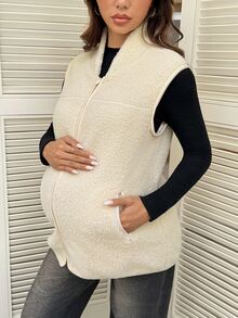 SHEIN Maternity Autumn/Winter Stand Collar Zipper Placket Long Sleeve With Pockets Warm 3-In-1 Jacket Fall/Winter Casual Going Out Gold Cream - Khaki - View 4
