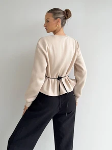 Siren Gaze Premium Fleece Sweatshirt With Coffee-Colored Pattern, Lace Patchwork Fitted Bodice, Elegant Casual Streetwear For Women, Autumn - Apricot - View 3