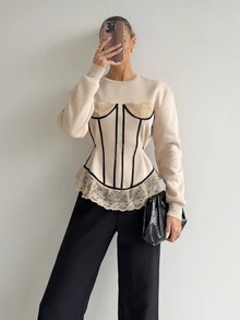 Siren Gaze Premium Fleece Sweatshirt With Coffee-Colored Pattern, Lace Patchwork Fitted Bodice, Elegant Casual Streetwear For Women, Autumn - Apricot - View 8