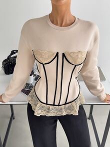 Siren Gaze Premium Fleece Sweatshirt With Coffee-Colored Pattern, Lace Patchwork Fitted Bodice, Elegant Casual Streetwear For Women, Autumn - Apricot - View 10