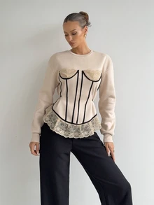 Siren Gaze Premium Fleece Sweatshirt With Coffee-Colored Pattern, Lace Patchwork Fitted Bodice, Elegant Casual Streetwear For Women, Autumn - Apricot - View 9