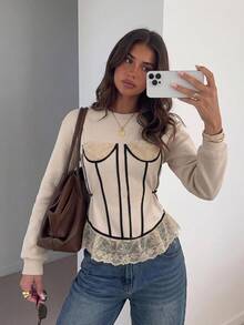 Siren Gaze Premium Fleece Sweatshirt With Coffee-Colored Pattern, Lace Patchwork Fitted Bodice, Elegant Casual Streetwear For Women, Autumn - Apricot - View 6