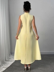 Modelyn Women's Fashion Elegant Luxury Heavy Work 3D Floral Loose Pale Yellow Long A-Line Dress - Butter Yellow - View 2