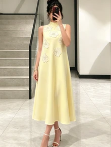 Modelyn Women's Fashion Elegant Luxury Heavy Work 3D Floral Loose Pale Yellow Long A-Line Dress - Butter Yellow - View 3