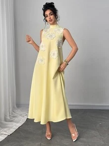 Modelyn Women's Fashion Elegant Luxury Heavy Work 3D Floral Loose Pale Yellow Long A-Line Dress - Butter Yellow - View 7
