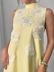 Modelyn Women's Fashion Elegant Luxury Heavy Work 3D Floral Loose Pale Yellow Long A-Line Dress - Butter Yellow - View 5